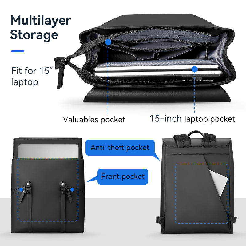 MUKE II Classic Business Work Black Leather Backpack