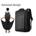 Black expandable laptop backpack with raincoat design, extended rain cover for all-day traveling.