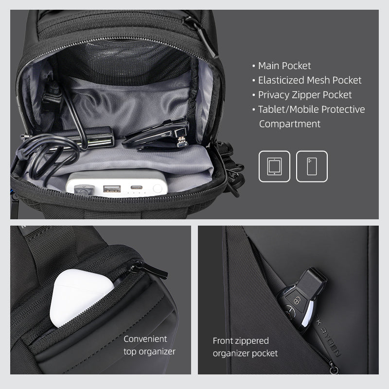 MARKRYDEN ChargeSling Black crossbody bag with various compartments and features highlighted