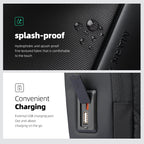 MARKRYDEN ChargeSling Black crossbody bag with splash-proof feature and convenient charging port.