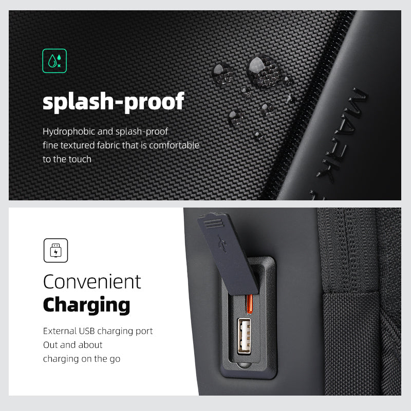MARKRYDEN ChargeSling Black crossbody bag with splash-proof feature and convenient charging port.