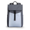 Urbanity Elegant Gray Backpack with spacious compartments, durable design, light blue front pocket with diagonal stitching, black buckle closure, and padded top handle.