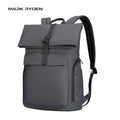Mark Ryden gray minimalist backpack with roll-top closure, front pocket, daily commute design